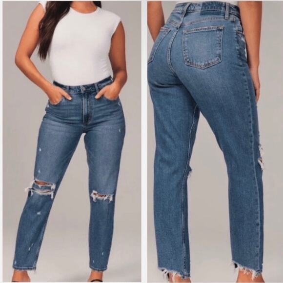 Abercrombie & Fitch 31/12R The Mom High Rise Denim Jeans Ripped Knees Distressed - Picture 1 of 16